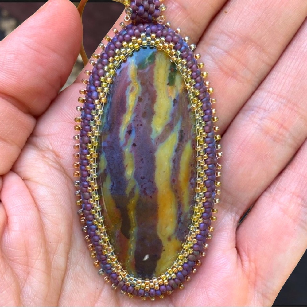 Striking Bead Embroidered Oval Stone Pendant